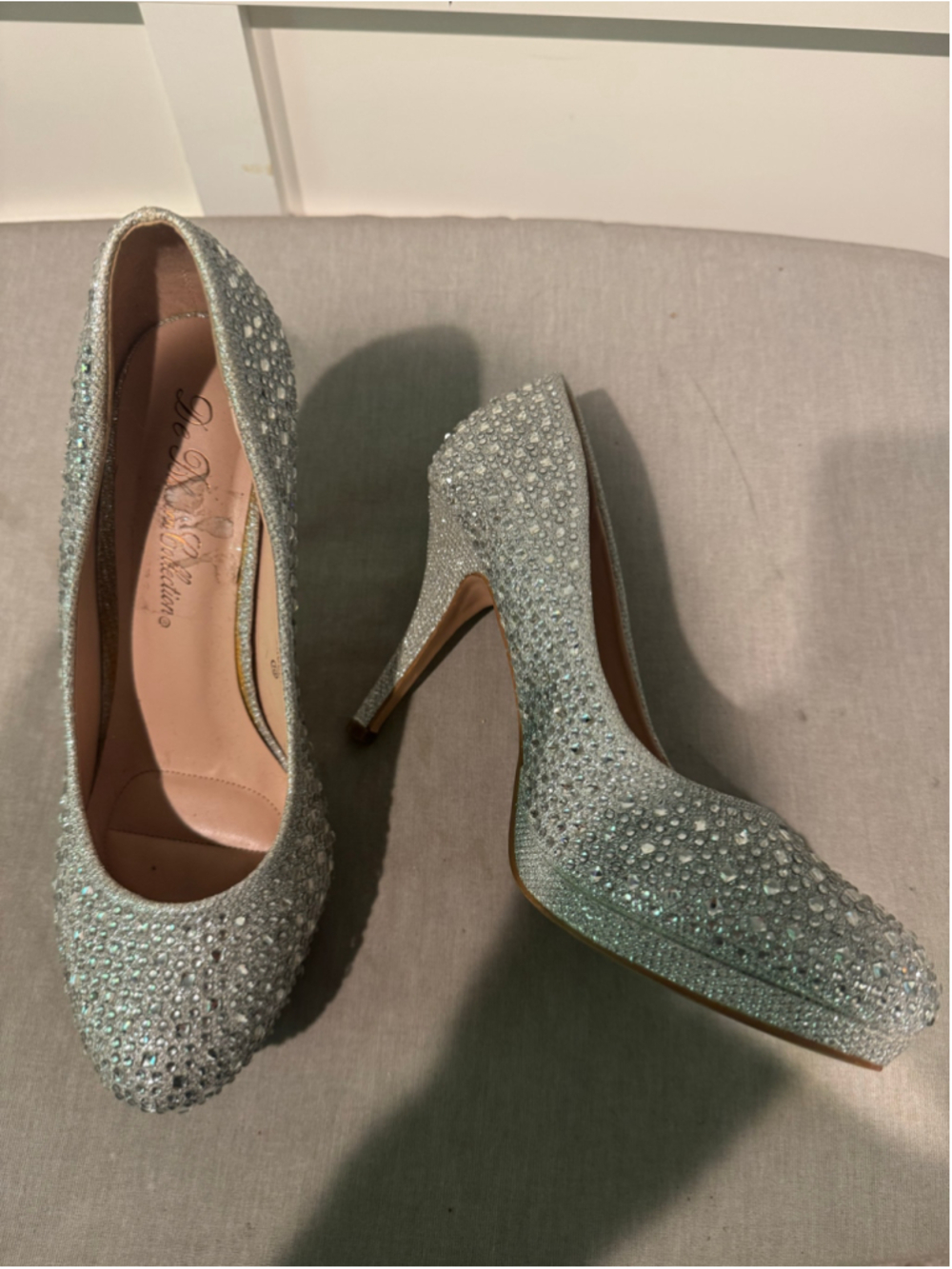Women's De Blossom Collection Silver Rhinestone Platform Stiletto Heels Size 10
